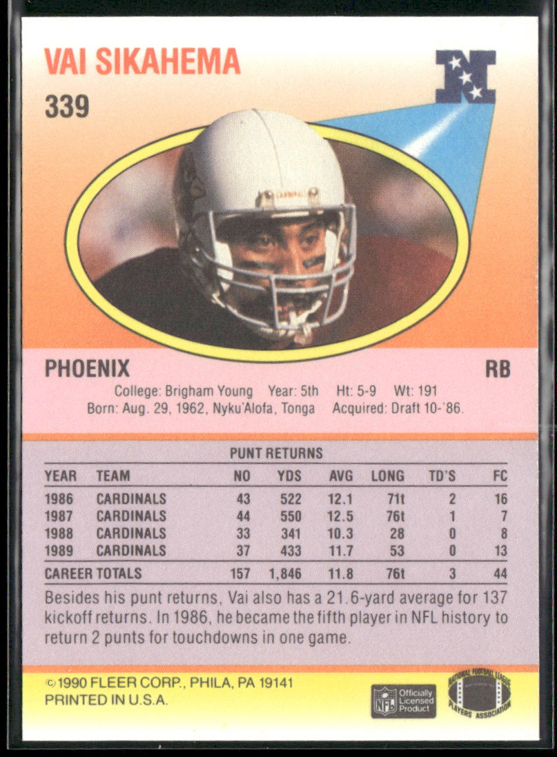 Vai Sikahema 1990 Fleer #339 Phoenix Cardinals back