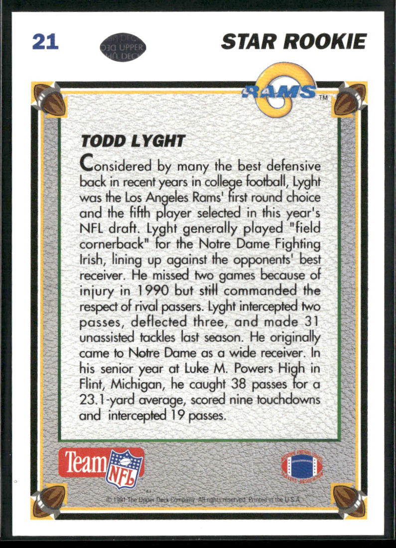 Todd Lyght 1991 Upper Deck #21 RC Los Angeles Rams back