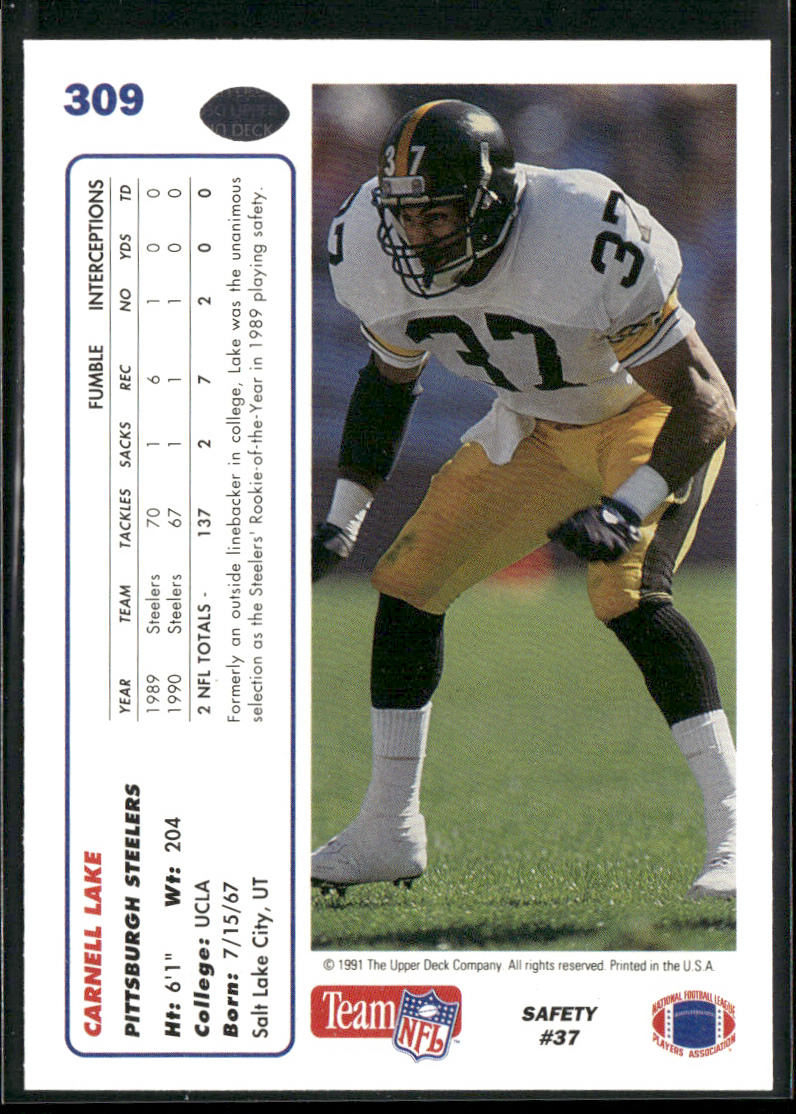 Carnell Lake 1991 Upper Deck #309 Pittsburgh Steelers