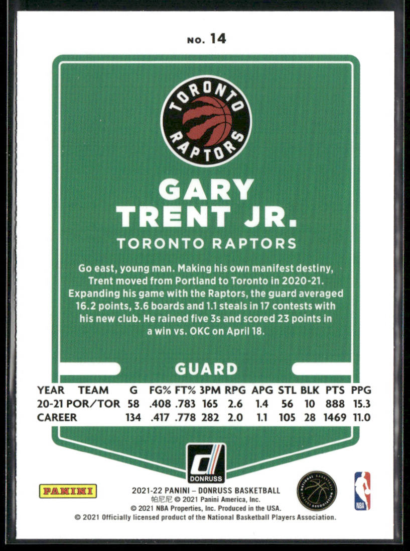 Gary Trent Jr. 2021-22 Donruss #14 Toronto Raptors