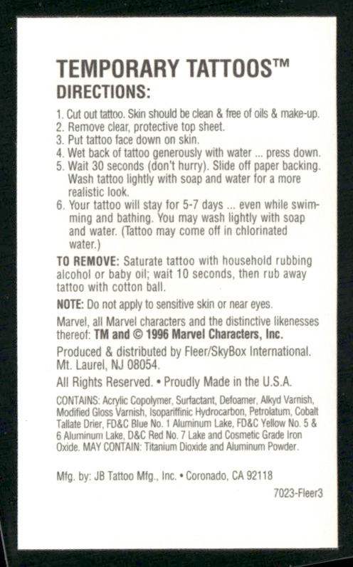 Thing 1996 Fleer/SkyBox Marvel Vision Marvel Vision Tattoos #Fleer3