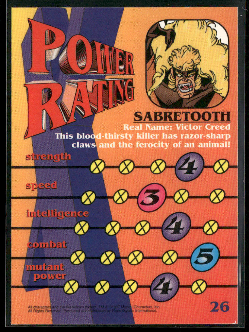 Sabretooth 1997 Fleer/SkyBox X-Men #26 back