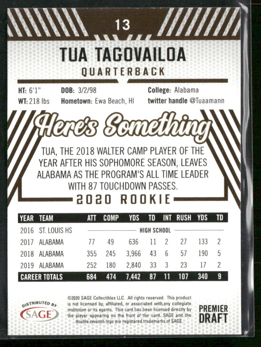 Tua Tagovailoa 2020 SAGE HIT #13 Alabama Crimson Tide