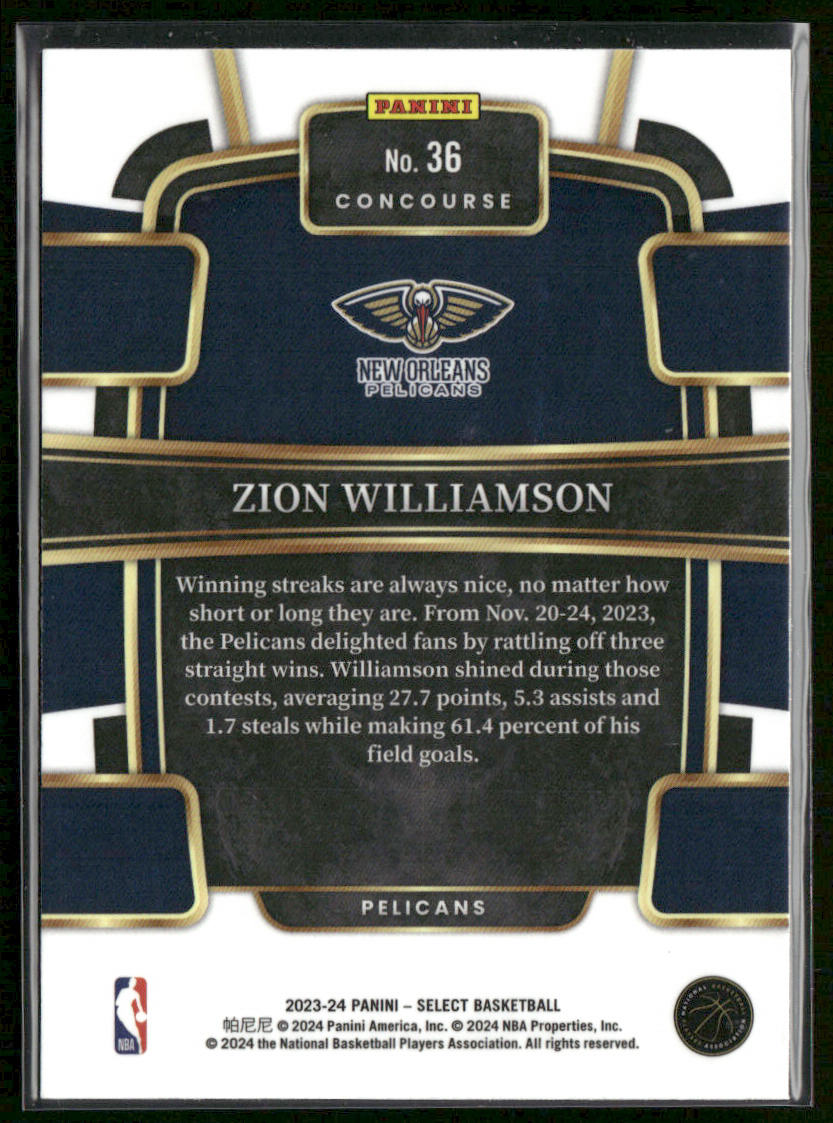 Zion Williamson 2023-24 Panini Select Blue (Retail Base) #36 Pelicans