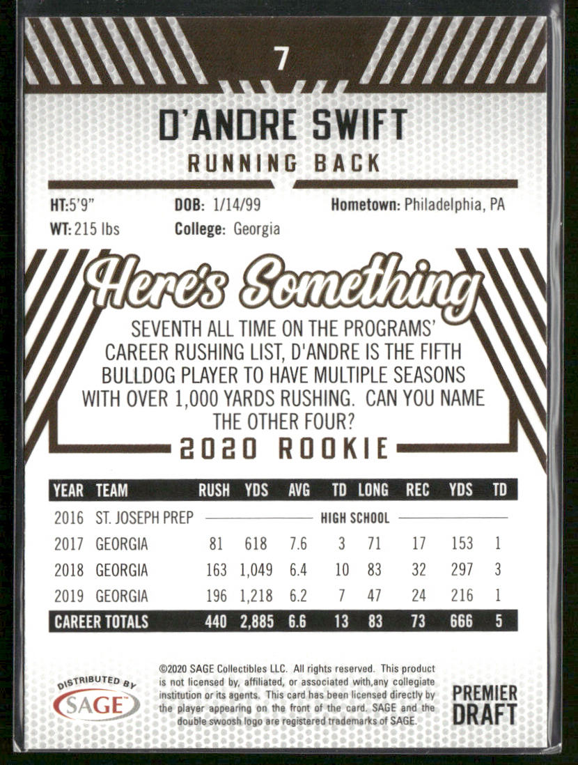 D'andre Swift 2020 SAGE HIT #7 Georgia Bulldogs