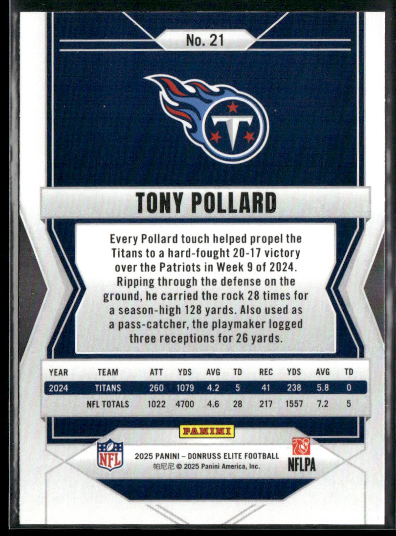 Tony Pollard 2025 Donruss Elite #21 Tennessee Titans