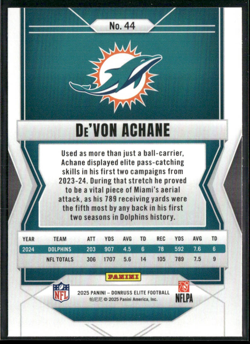 De'Von Achane 2025 Donruss Elite #44 Miami Dolphins