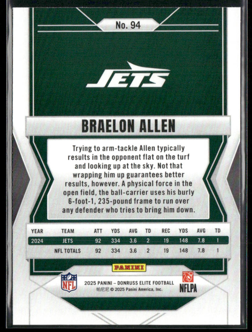 Braelon Allen 2025 Donruss Elite #94 New York Jets