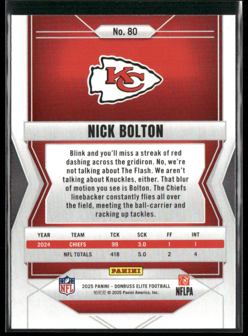Nick Bolton 2025 Donruss Elite #80 Kansas City Chiefs