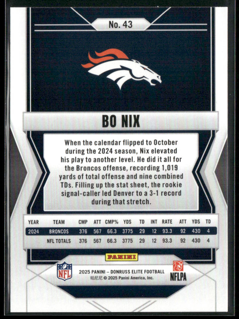 Bo Nix 2025 Donruss Elite #43 Denver Broncos