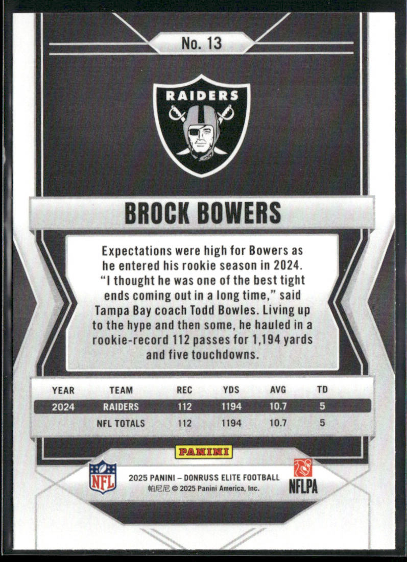 Brock Bowers 2025 Donruss Elite #13 Las Vegas Raiders