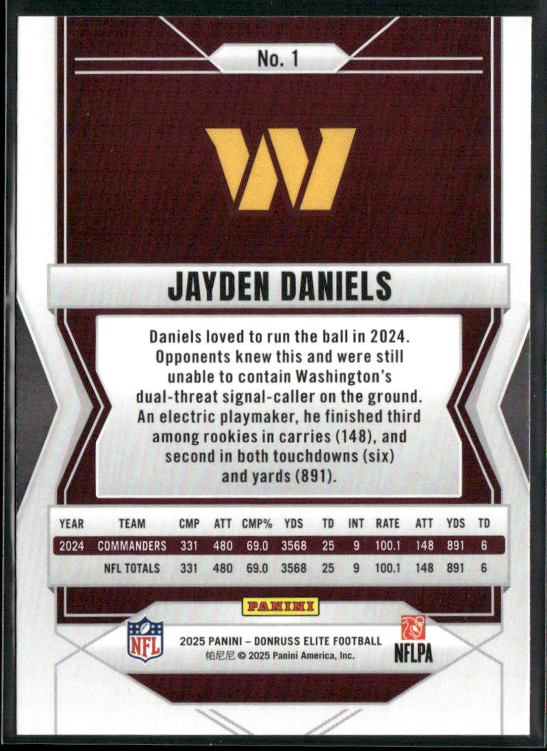 Jayden Daniels 2025 Donruss Elite #1 Washington Commanders