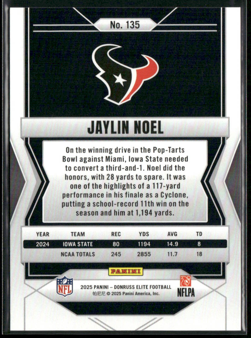 Jaylin Noel 2025 Donruss Elite Status Metallic Orange #135 SN,RC Houston Texans