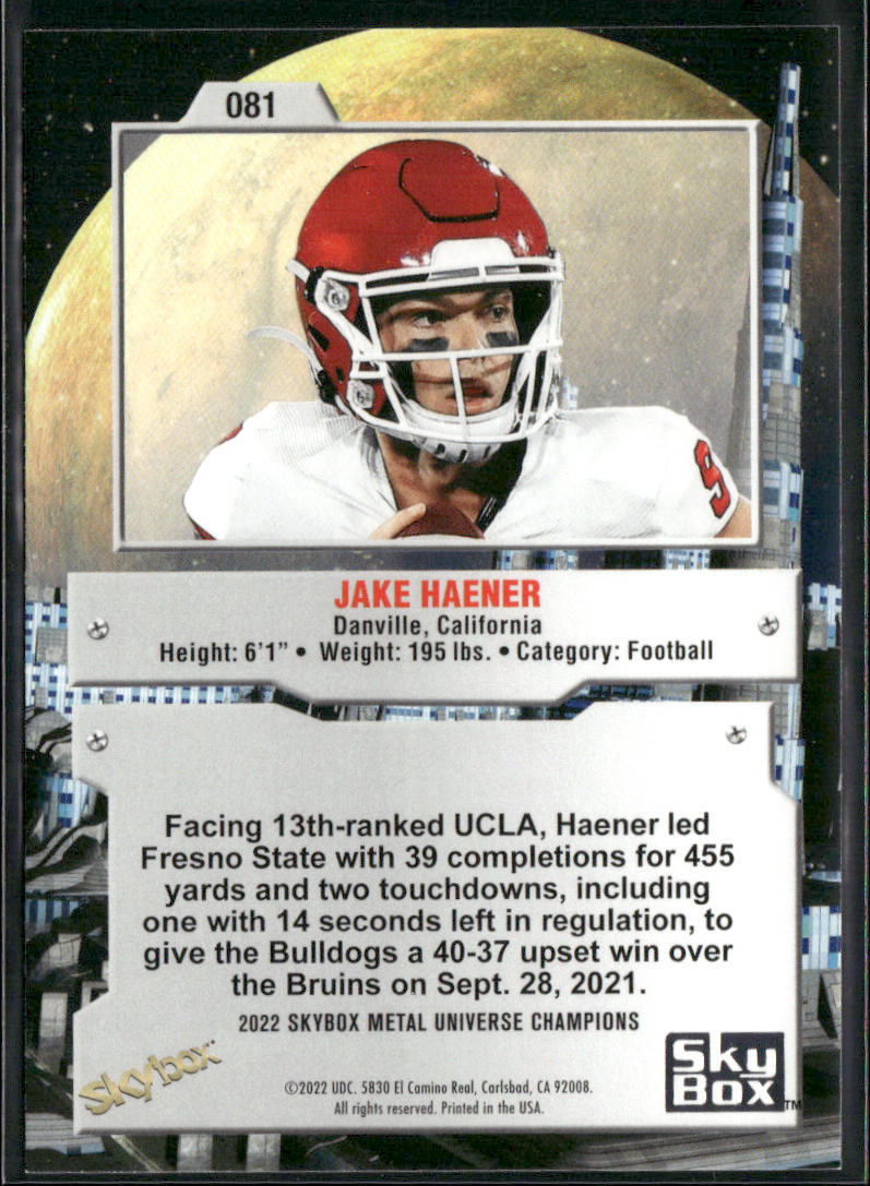 Jake Haener 2022 SkyBox Metal Universe Champions #081 Fresno State Bulldogs