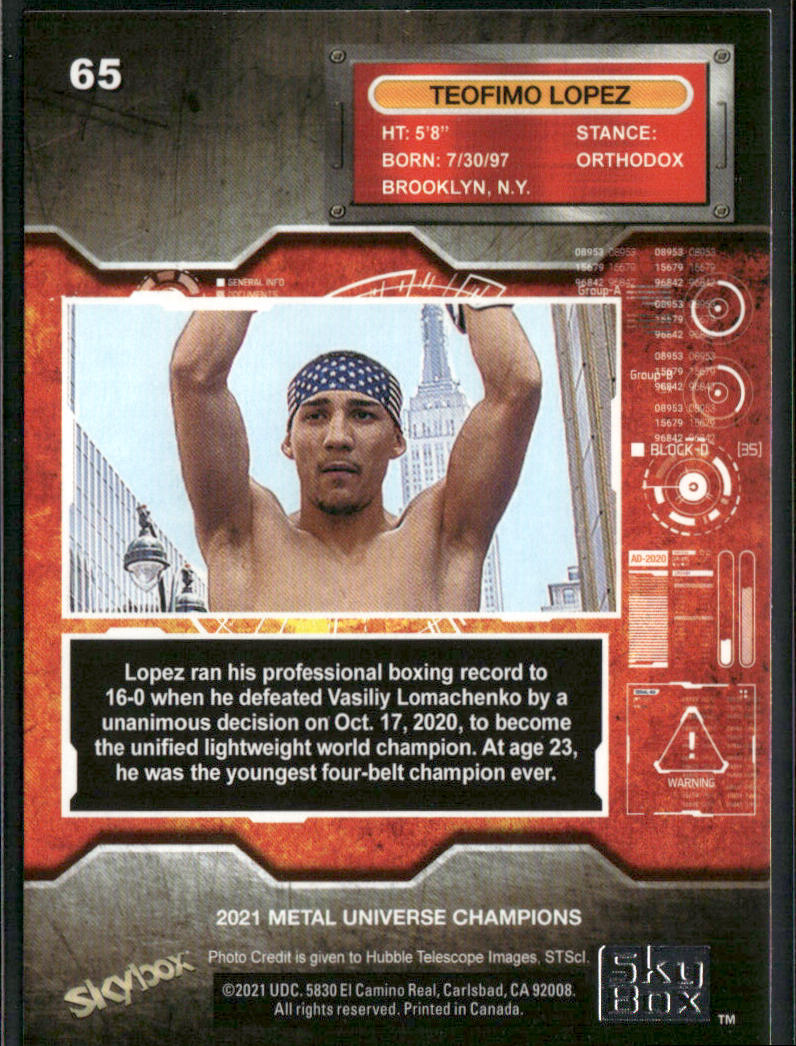 Teofimo Lopez 2021 SkyBox Metal Universe Champions #65 back