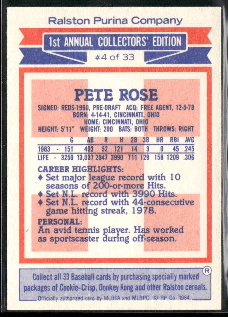 Pete Rose 1984 Topps Ralston Purina #4 Philadelphia Phillies