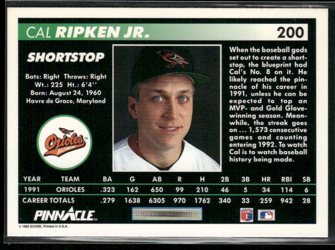 Cal Ripken Jr. 1992 Pinnacle #200 Baltimore Orioles