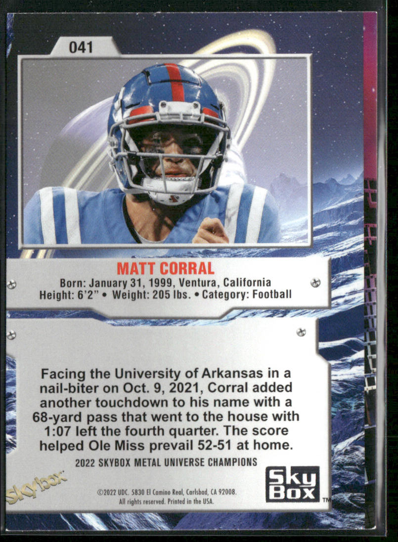 Matt Corral 2022 SkyBox Metal Universe Champions Aqua #041