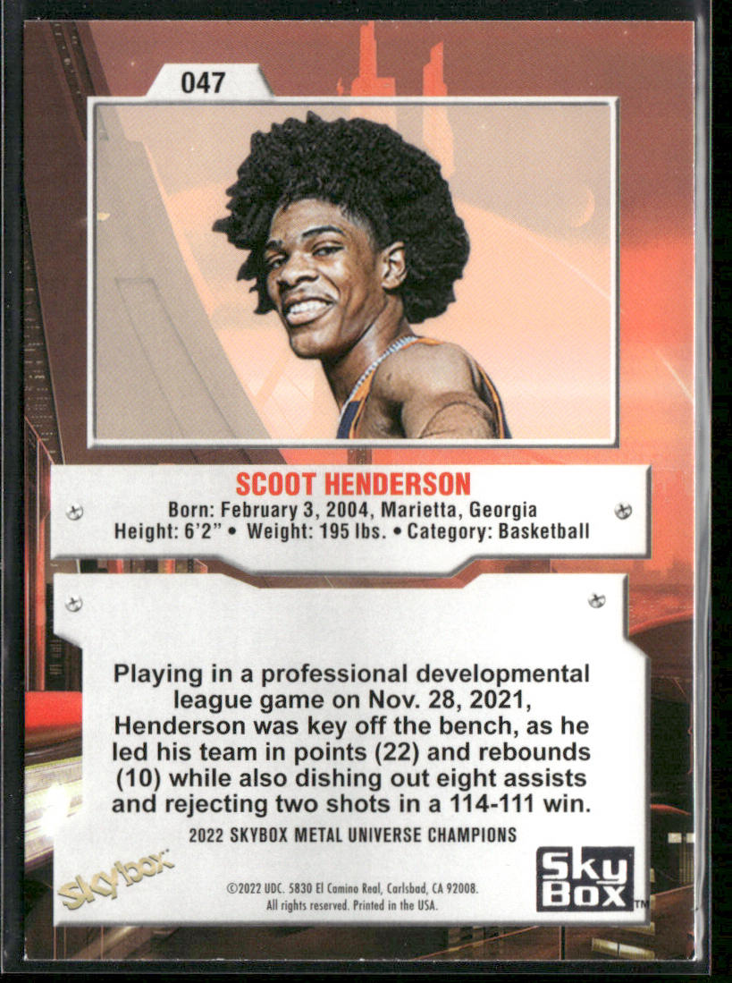 Scoot Henderson 2022 SkyBox Metal Universe Champions #047 back
