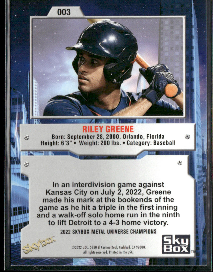 Riley Greene 2022 SkyBox Metal Universe Champions #003