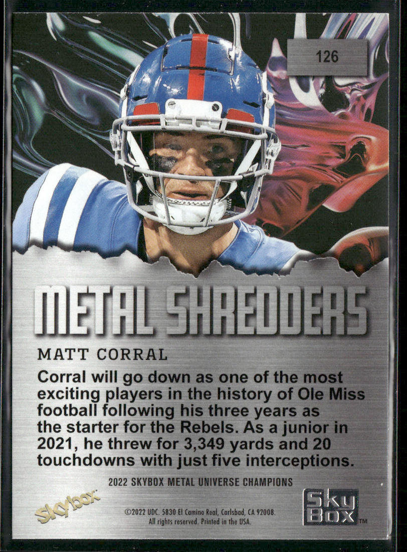Matt Corral 2022 SkyBox Metal Universe Champions #126 back