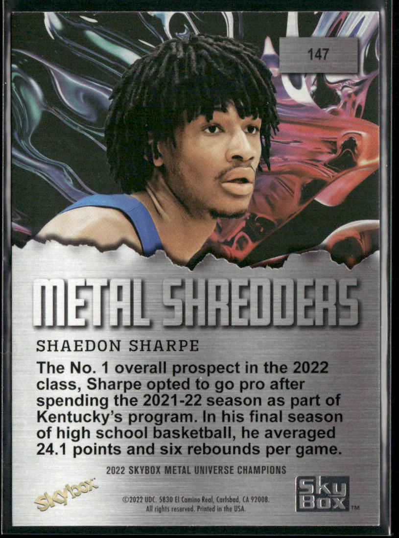 Shaedon Sharpe 2022 SkyBox Metal Universe Champions #147 back