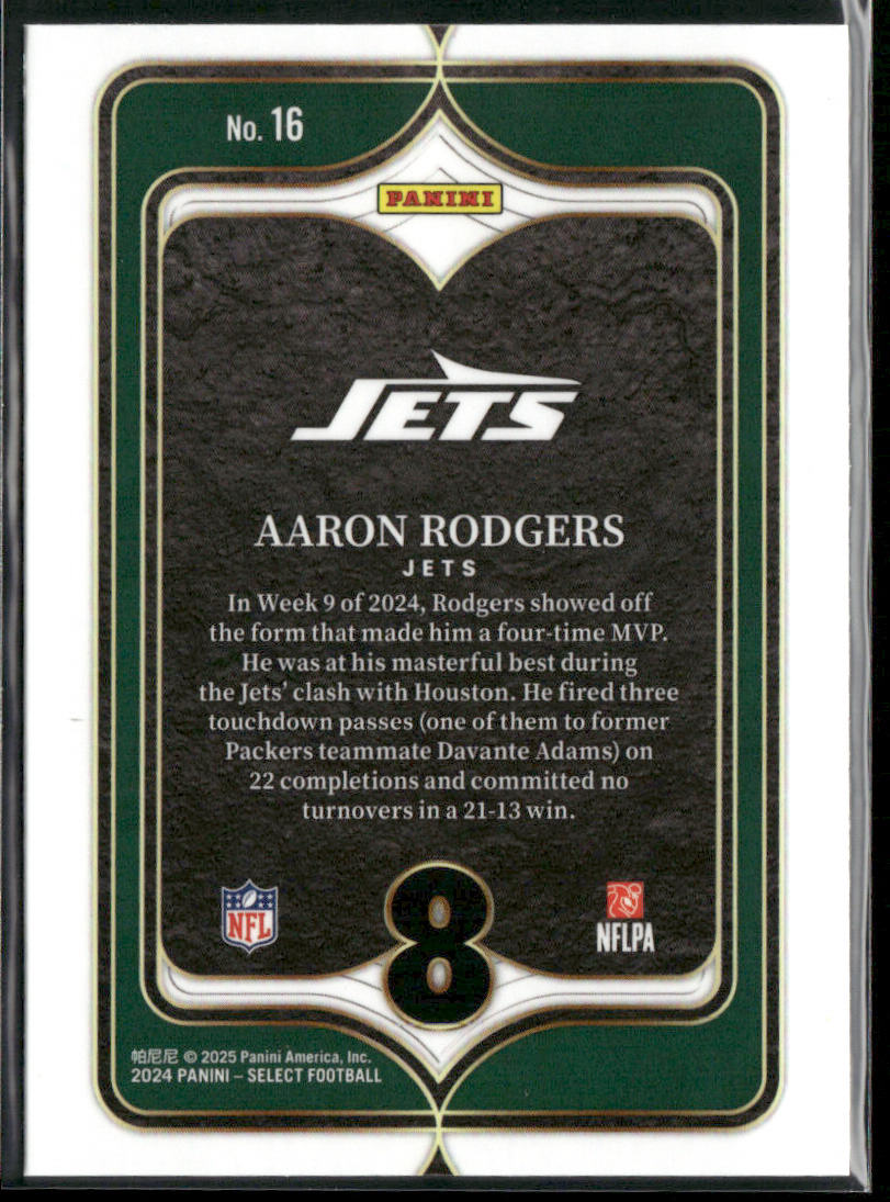Aaron Rodgers 2024 Panini Select Select Numbers #16 New York Jets back