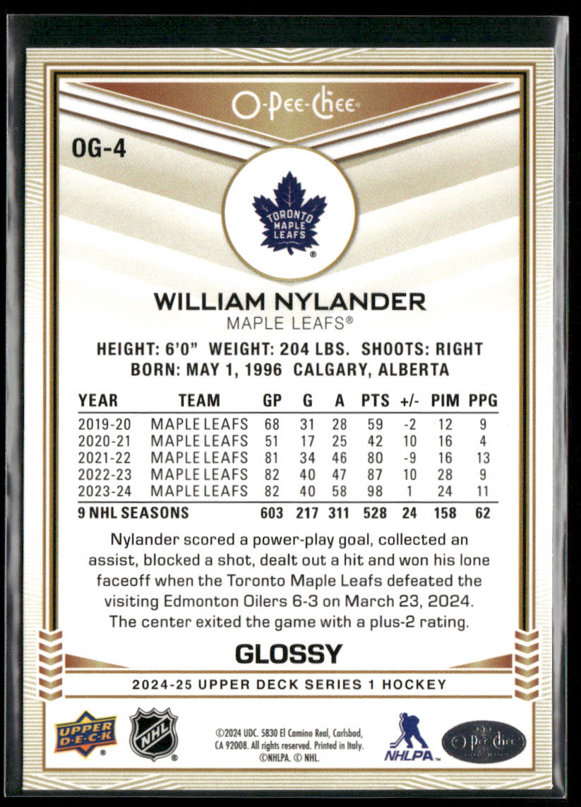 William Nylander 2024-25 Upper Deck O-Pee-Chee Glossy #OG-4 Toronto Maple Leafs back