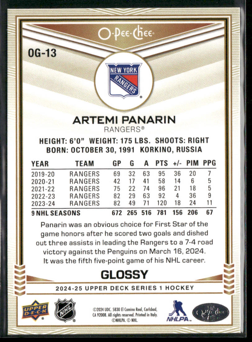 Artemi Panarin 2024-25 Upper Deck O-Pee-Chee Glossy Gold #OG-13 New York Rangers back