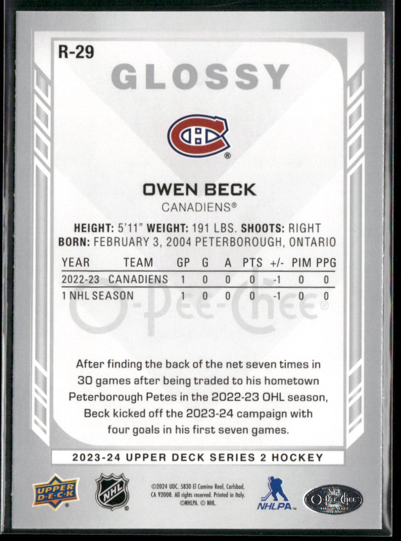 Owen Beck 2023-24 Upper Deck O-Pee-Chee Glossy #R-29 Montreal Canadiens back
