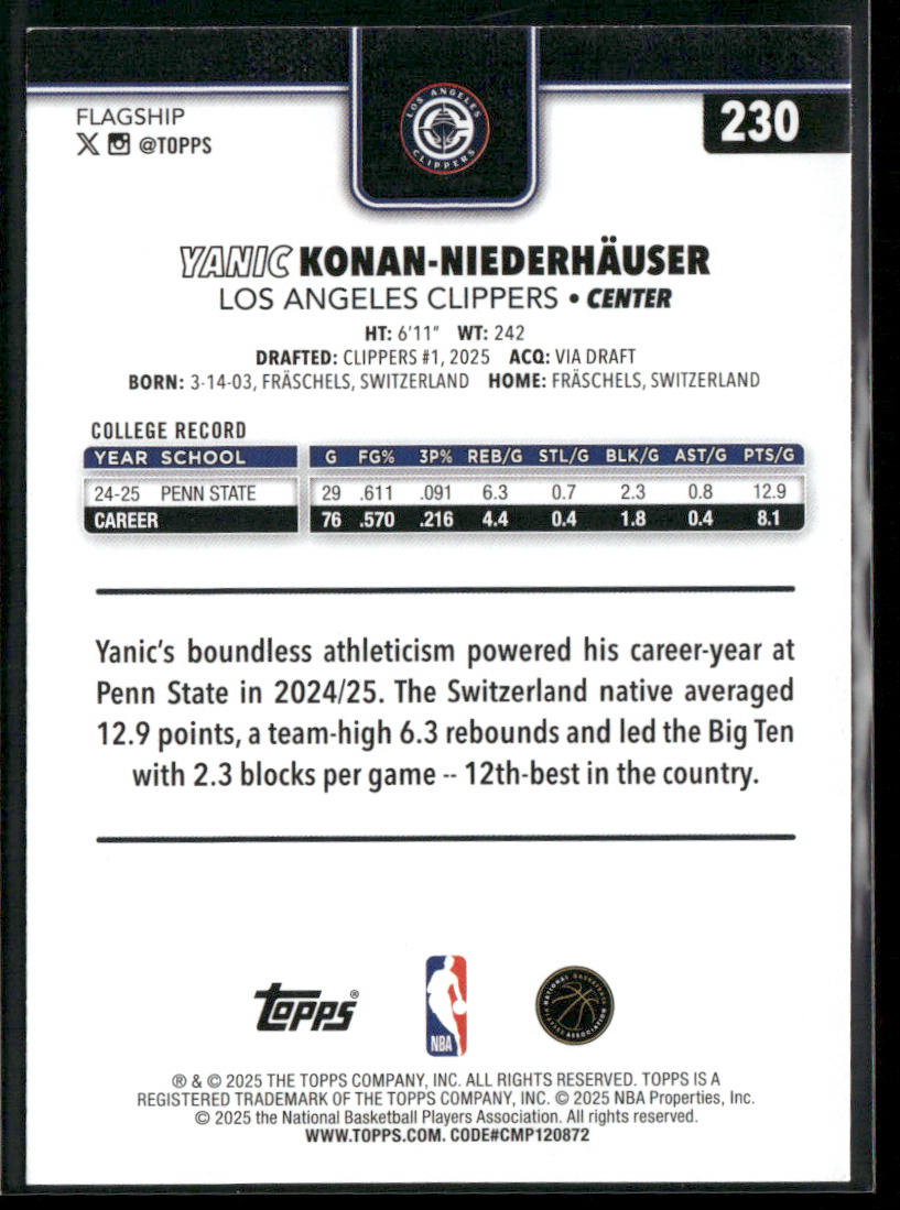 Yanic Konan-Niederhäuser 2025-26 Topps #230 RC Los Angeles Clippers