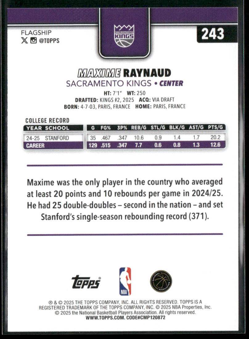 Maxime Raynaud 2025-26 Topps #243 RC Sacramento Kings