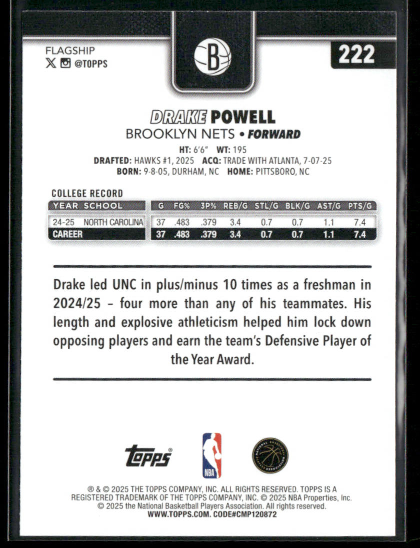 Drake Powell 2025-26 Topps #222 RC Brooklyn Nets back