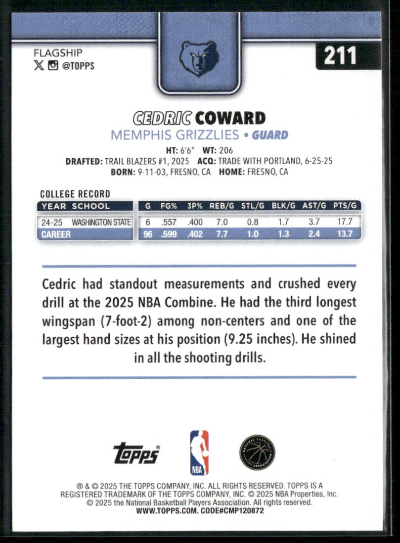 Cedric Coward 2025-26 Topps #211 RC Memphis Grizzlies