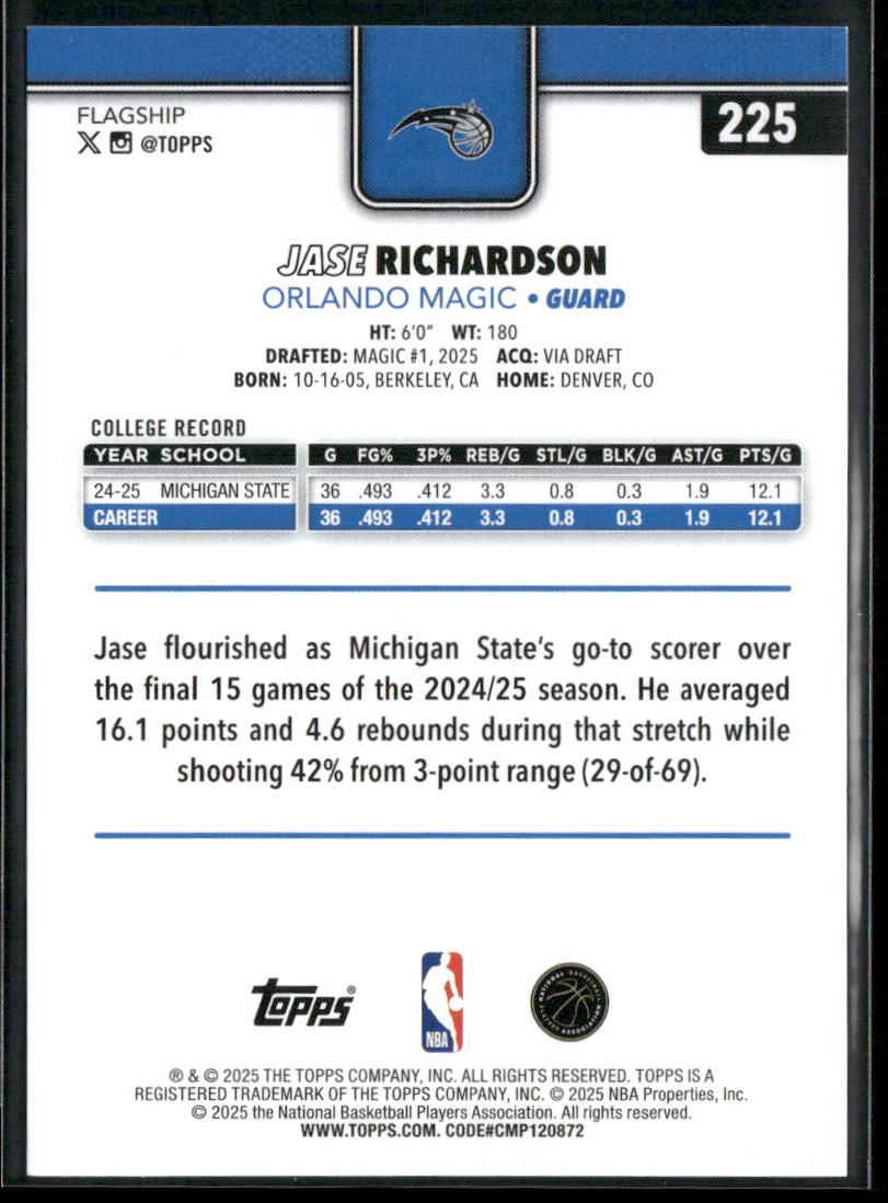 Jase Richardson 2025-26 Topps #225 RC Orlando Magic back