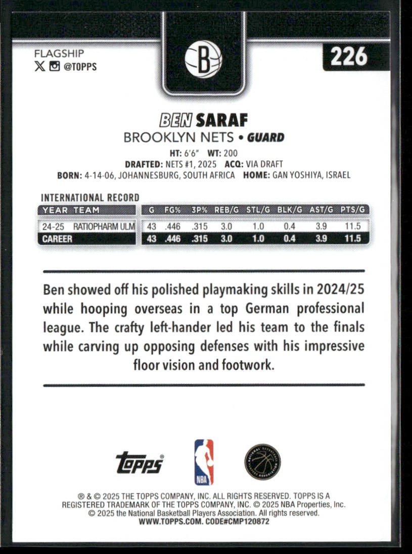 Ben Saraf 2025-26 Topps #226 RC Brooklyn Nets