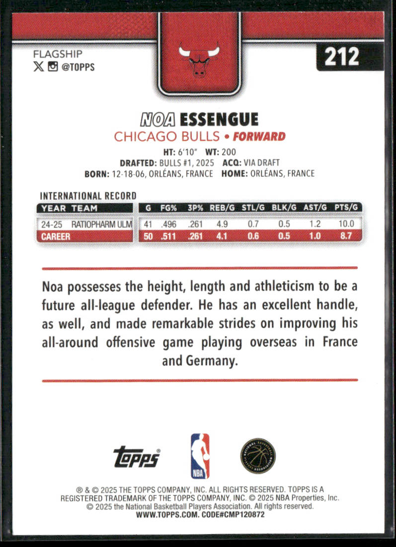 Noa Essengue 2025-26 Topps #212 RC Chicago Bulls