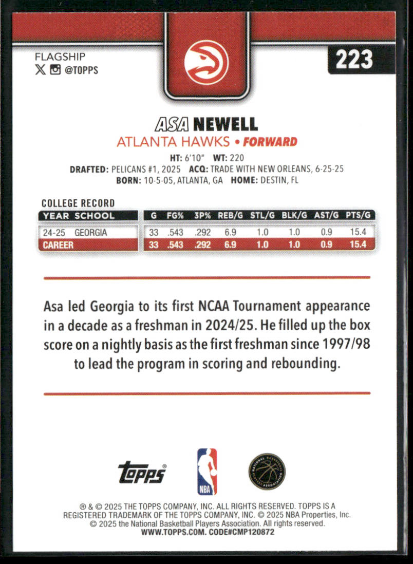 Asa Newell 2025-26 Topps #223 RC Atlanta Hawks