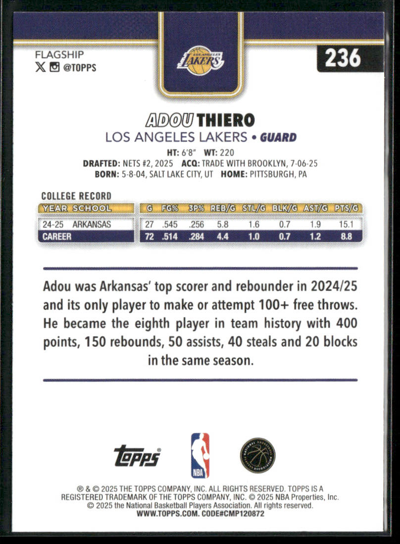 Adou Thiero 2025-26 Topps #236 RC Los Angeles Lakers