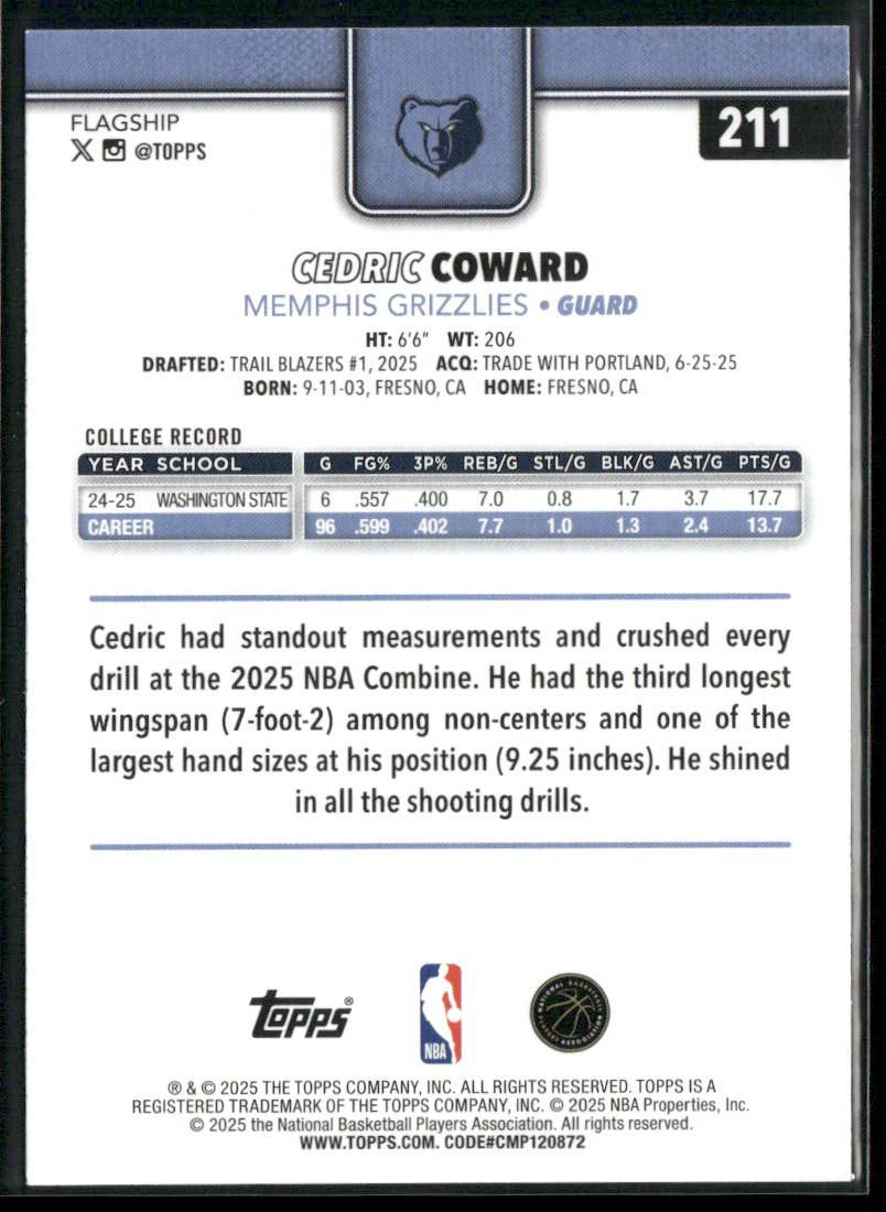 Cedric Coward 2025-26 Topps #211 RC Memphis Grizzlies back