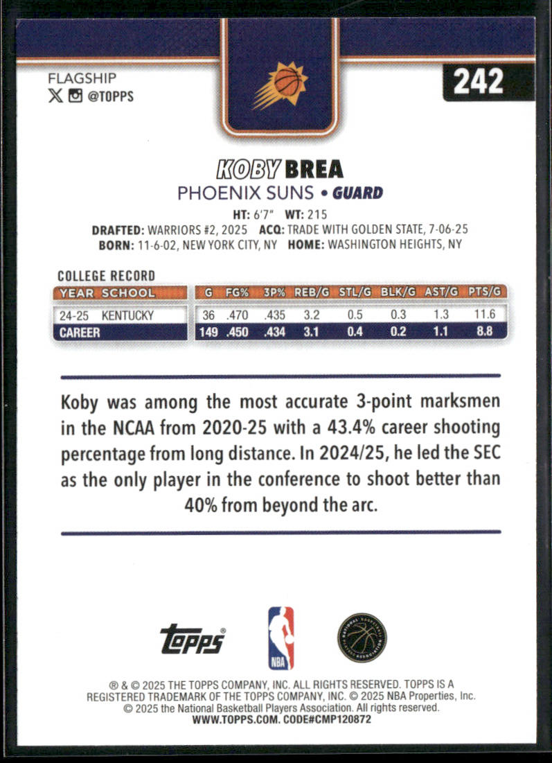 Koby Brea 2025-26 Topps #242 RC Phoenix Suns back