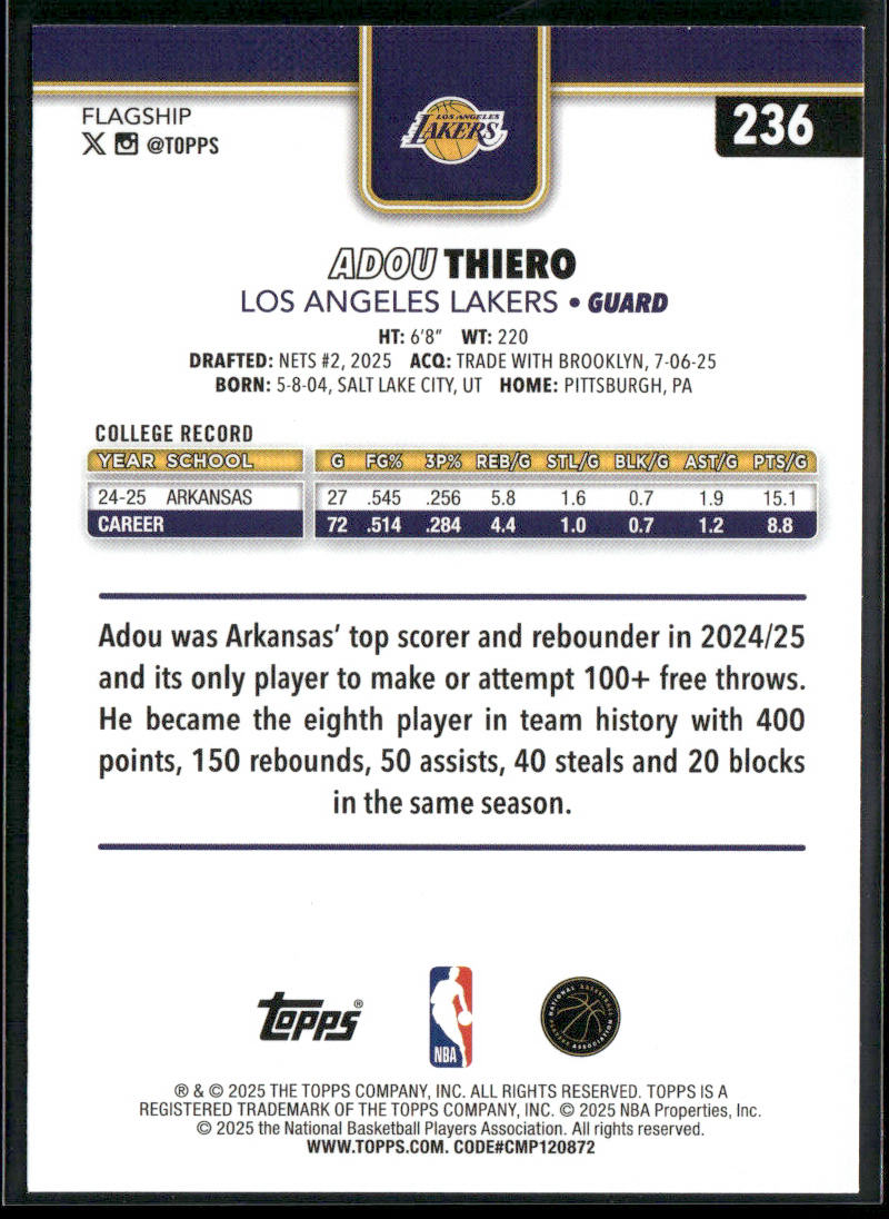 Adou Thiero 2025-26 Topps #236 RC Los Angeles Lakers back