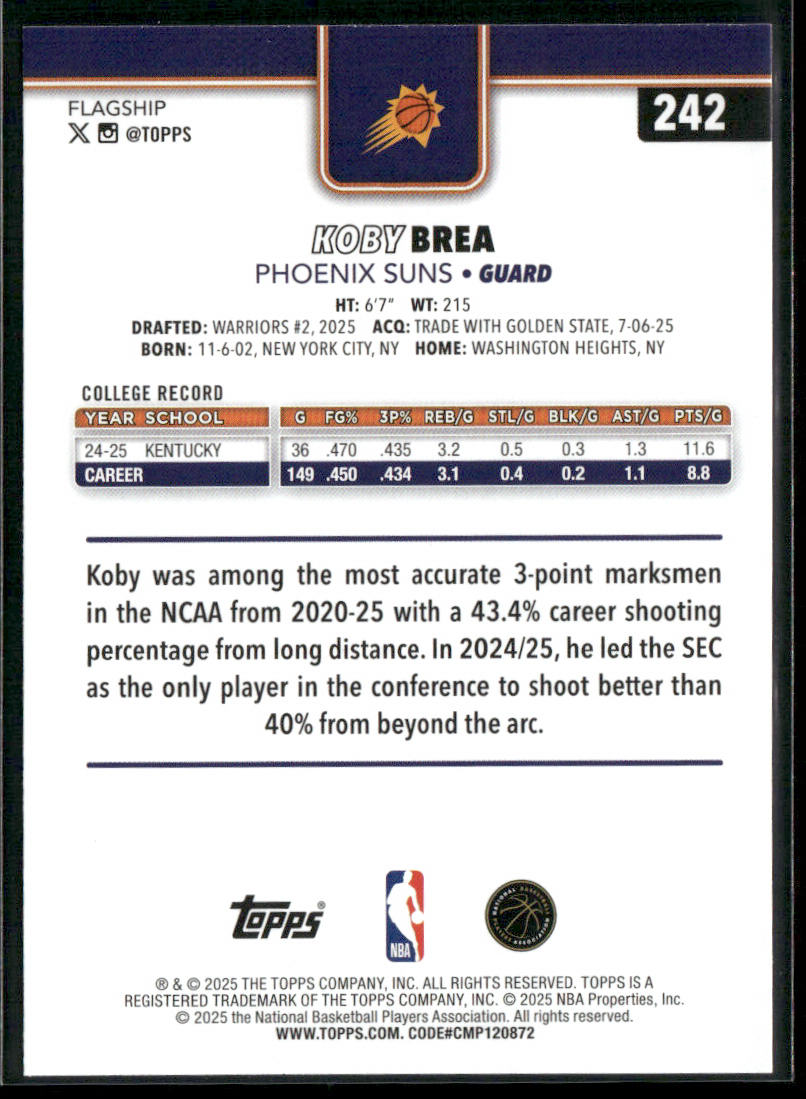 Koby Brea 2025-26 Topps #242 RC Phoenix Suns back