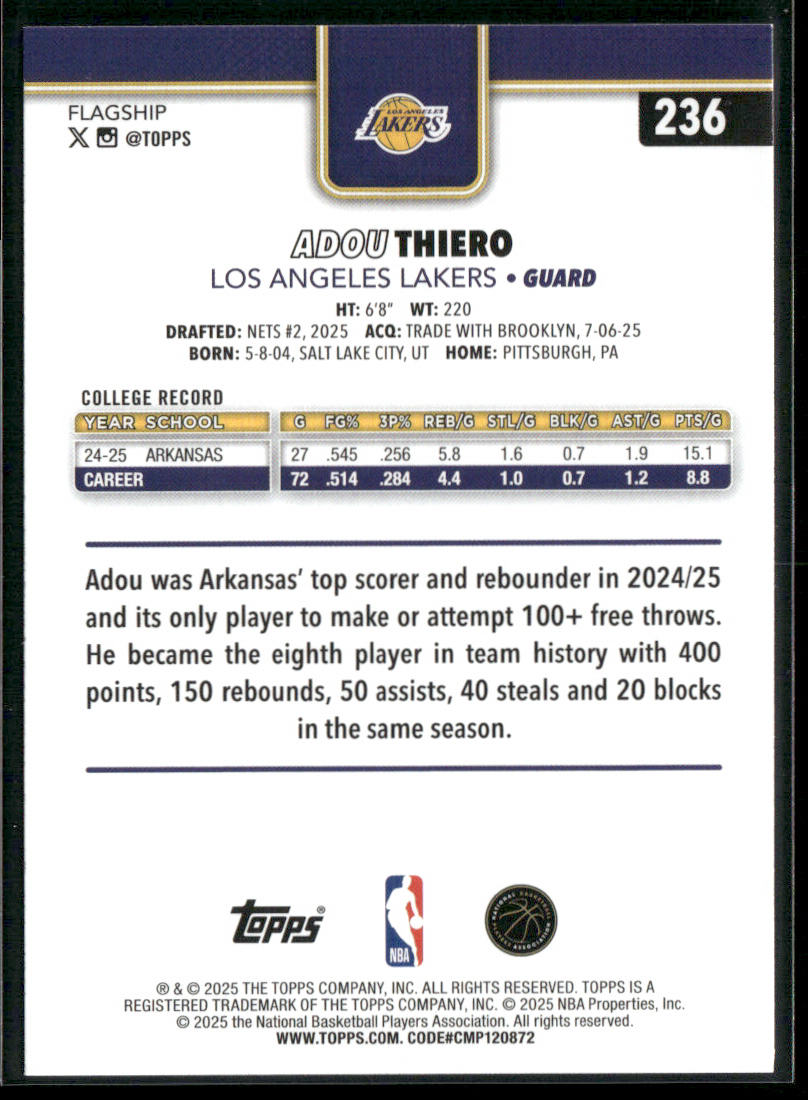 Adou Thiero 2025-26 Topps #236 RC Los Angeles Lakers back