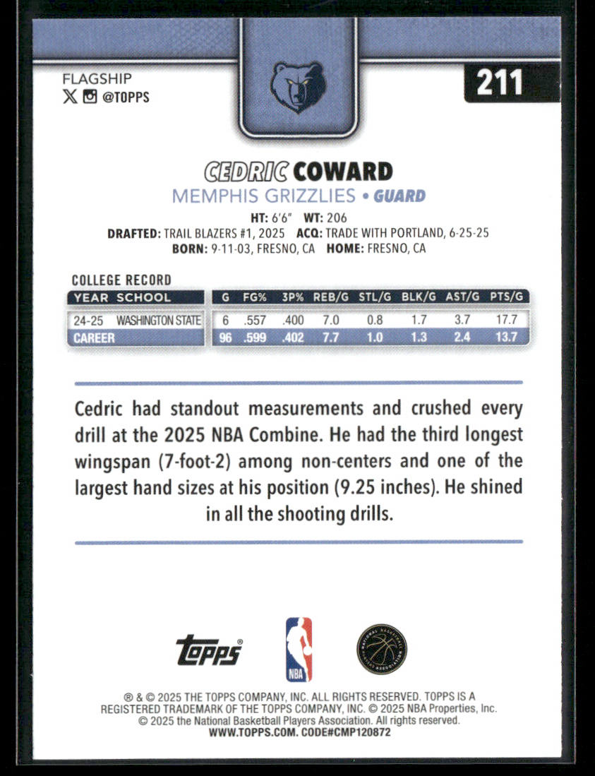 Cedric Coward 2025-26 Topps #211 RC Memphis Grizzlies back