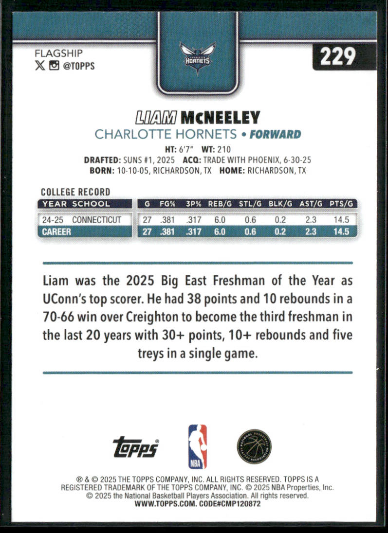 Liam McNeeley 2025-26 Topps #229 RC Charlotte Hornets