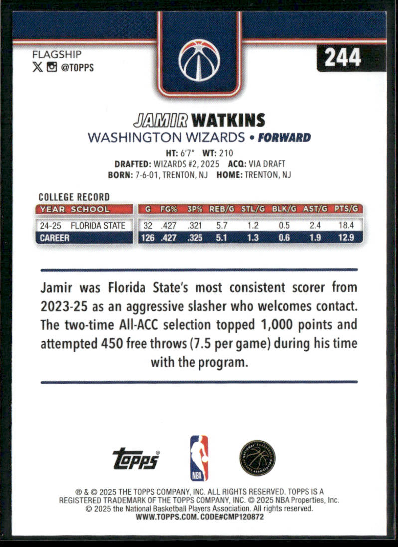 Jamir Watkins 2025-26 Topps #244 RC Washington Wizards