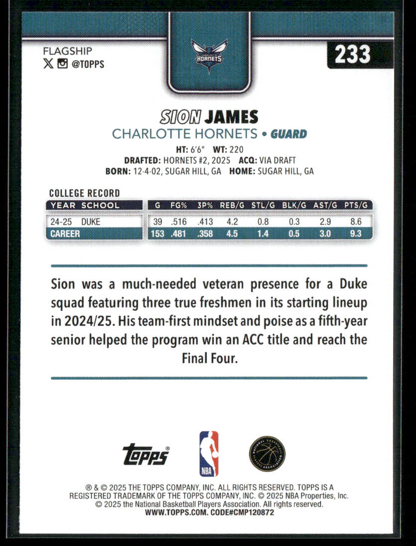 Sion James 2025-26 Topps #233 RC Charlotte Hornets