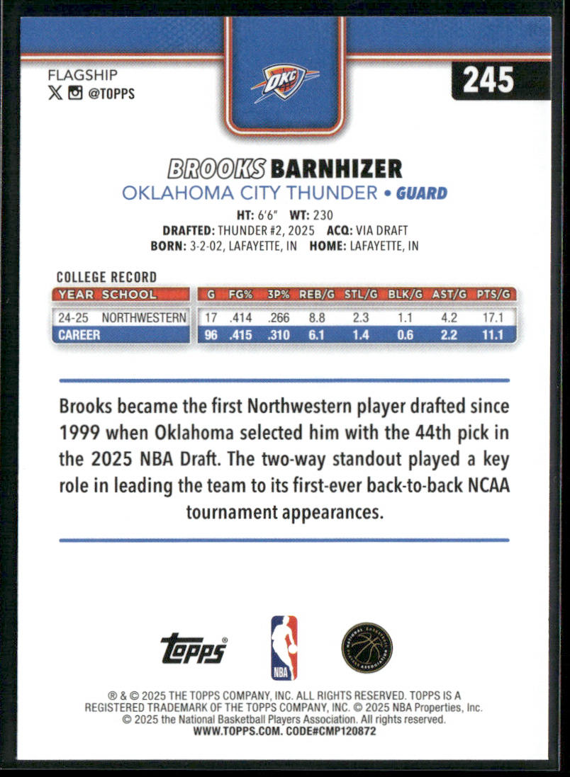 Brooks Barnhizer 2025-26 Topps #245 RC Oklahoma City Thunder