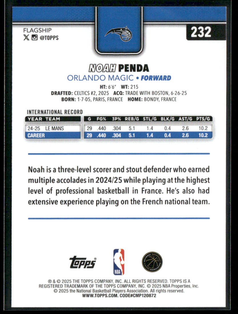Noah Penda 2025-26 Topps #232 RC Orlando Magic